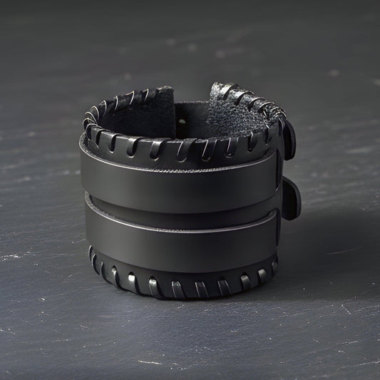 BLACK VORTEX - 50.5mm Black Genuine Leather Adjustable Bracelet for Men & Boys (11 inch) - THE MEN THING