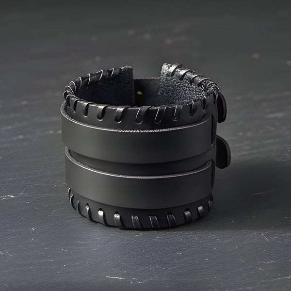BLACK VORTEX - 50.5mm Black Genuine Leather Adjustable Bracelet for Men & Boys (11 inch)