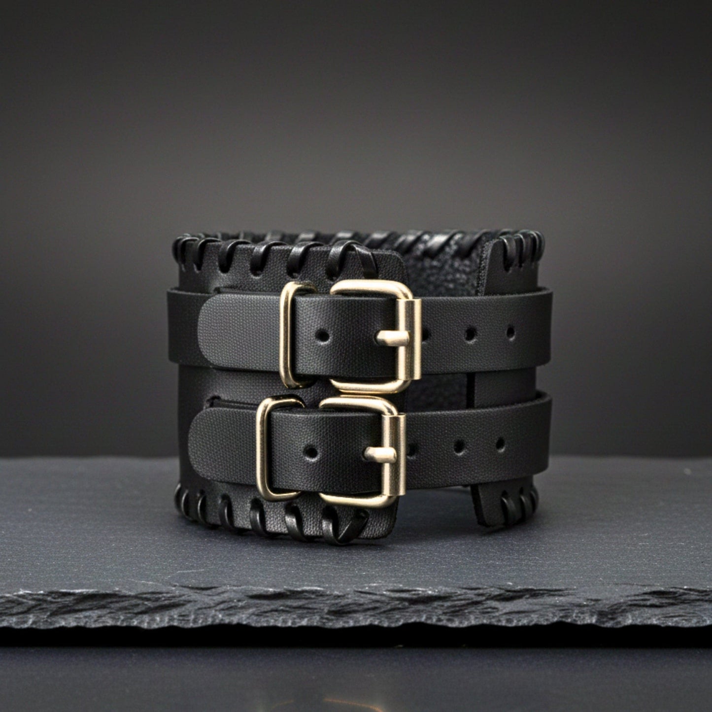 BLACK VORTEX - 50.5mm Black Genuine Leather Adjustable Bracelet for Men & Boys (11 inch) - THE MEN THING