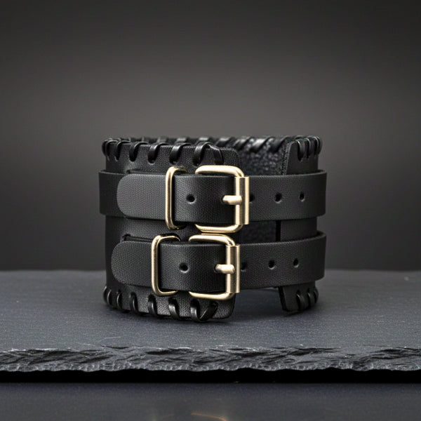BLACK VORTEX - 50.5mm Black Genuine Leather Adjustable Bracelet for Men & Boys (11 inch)