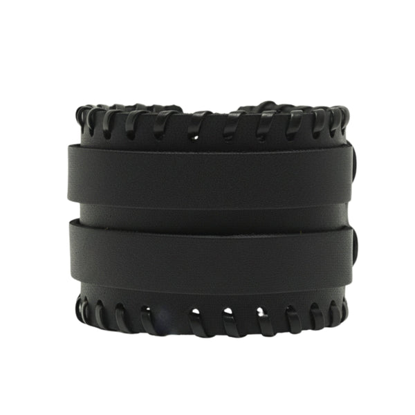 BLACK VORTEX - 50.5mm Black Genuine Leather Adjustable Bracelet for Men & Boys (11 inch)