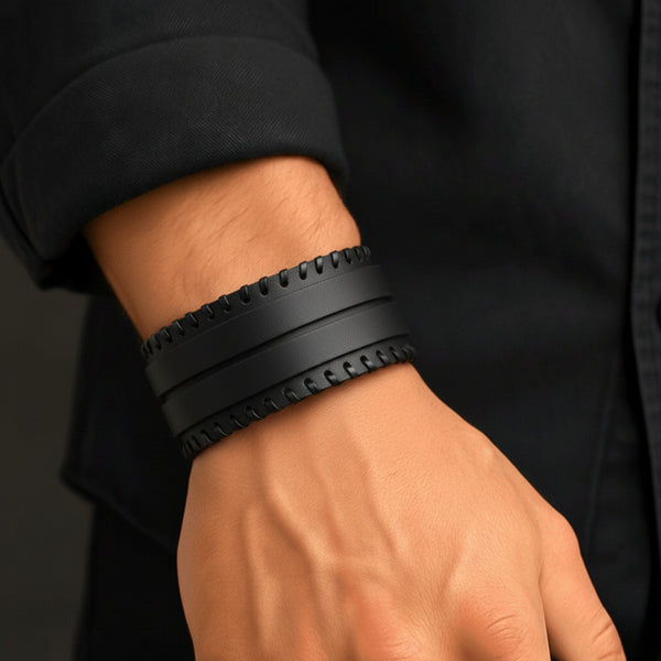 BLACK VORTEX - 50.5mm Black Genuine Leather Adjustable Bracelet for Men & Boys (11 inch)