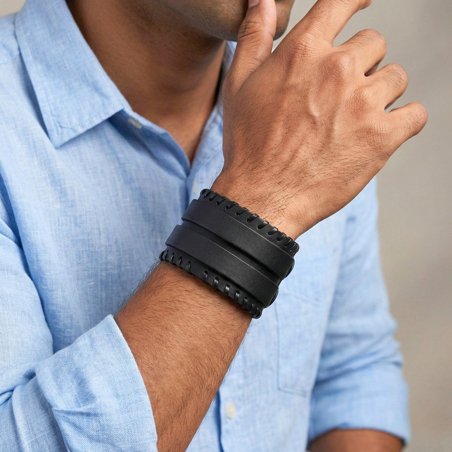 BLACK VORTEX - 50.5mm Black Genuine Leather Adjustable Bracelet for Men & Boys (11 inch) - THE MEN THING