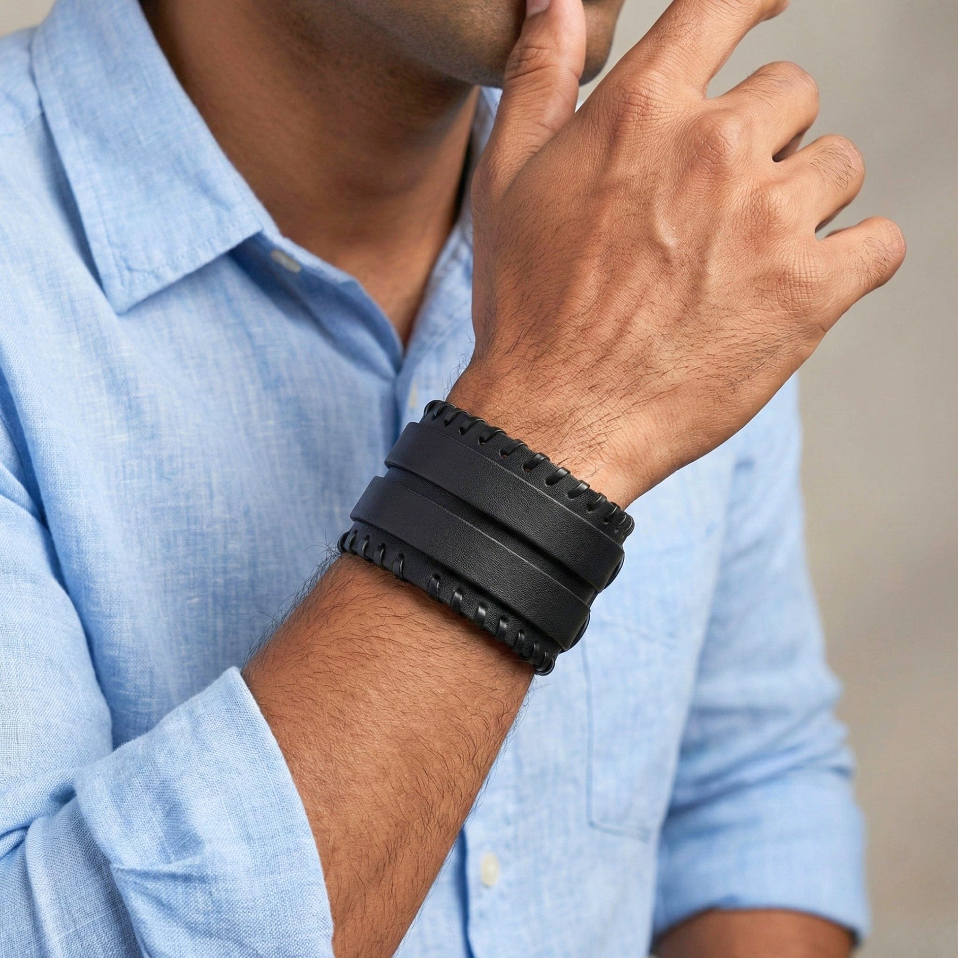 BLACK VORTEX - 50.5mm Black Genuine Leather Adjustable Bracelet for Men & Boys (11 inch) - THE MEN THING