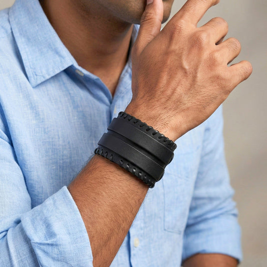 BLACK VORTEX - 50.5mm Black Genuine Leather Adjustable Bracelet for Men & Boys (11 inch) - THE MEN THING