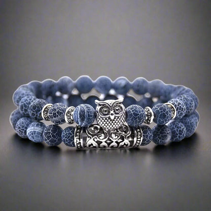 BLUE ONYX OWL - Natural Beads Alloy Stretch Bracelet for Men and Boys - THE MEN THING