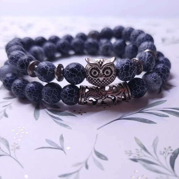 BLUE ONYX OWL - Natural Beads Alloy Stretch Bracelet for Men and Boys - THE MEN THING