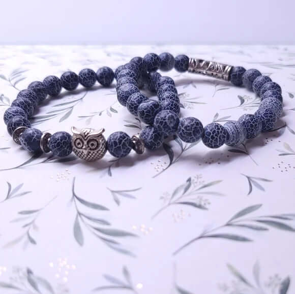 BLUE ONYX OWL - Natural Beads Alloy Stretch Bracelet for Men and Boys - THE MEN THING