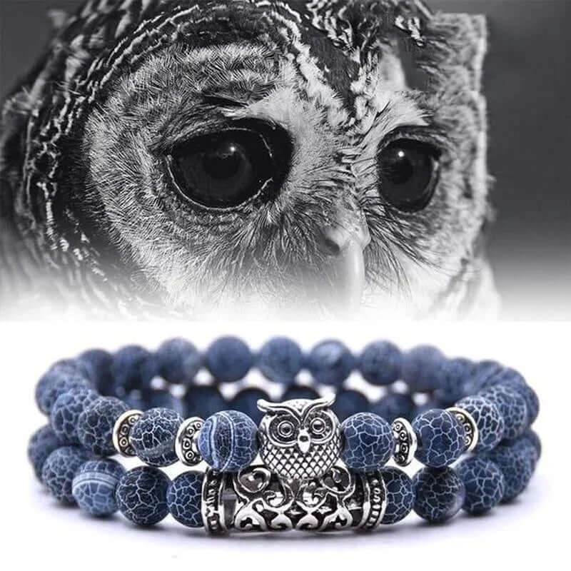 BLUE ONYX OWL - Natural Beads Alloy Stretch Bracelet for Men and Boys - THE MEN THING