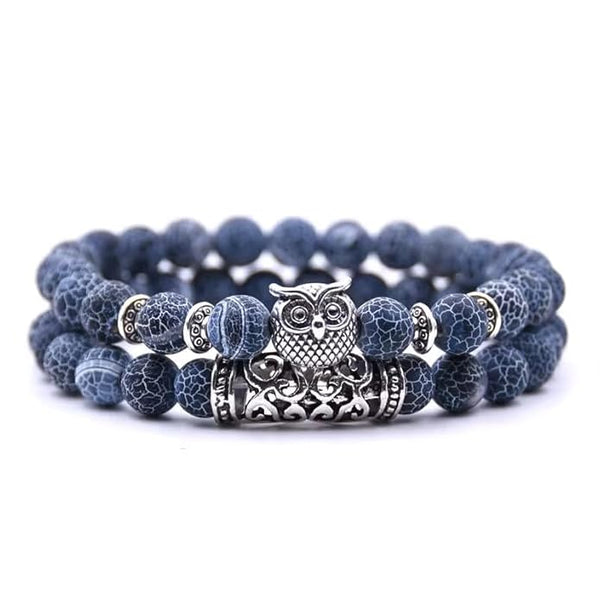 BLUE ONYX OWL - Natural Beads Alloy Stretch Bracelet for Men and Boys