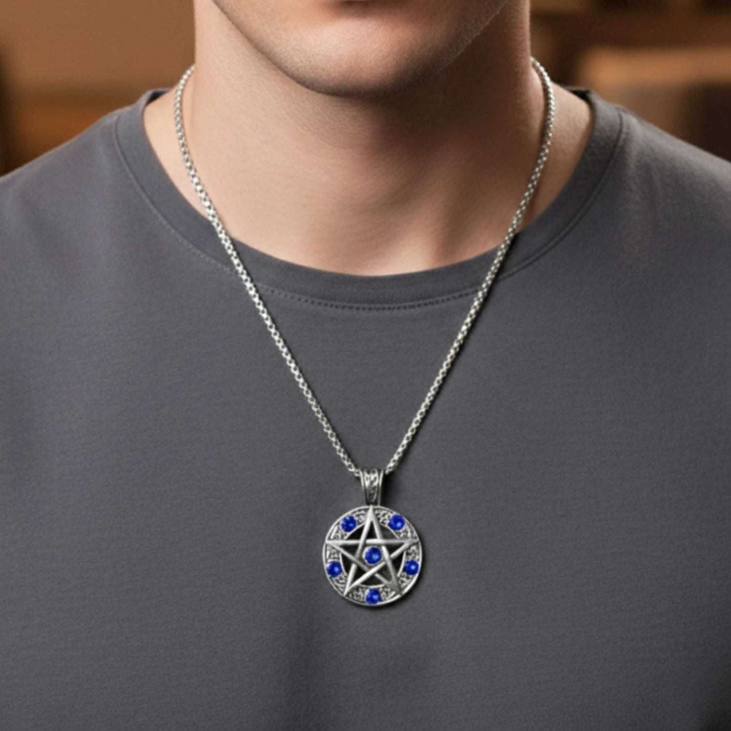 BLUE PENTAGRAM STAR - 31mm Pure Titanium Steel Pendant with 23inch Round Box 4mm Chain for Men & Boys — SS Pendant/ Necklace for Men | THE MEN THING