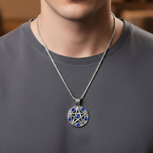 BLUE PENTAGRAM STAR - 31mm Pure Titanium Steel Pendant with 23inch Round Box 4mm Chain for Men & Boys - THE MEN THING