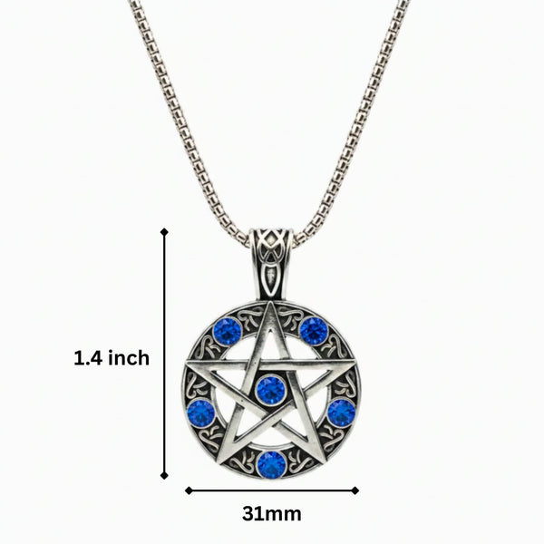 BLUE PENTAGRAM STAR - 31mm Pure Titanium Steel Pendant with 23inch Round Box 4mm Chain for Men & Boys