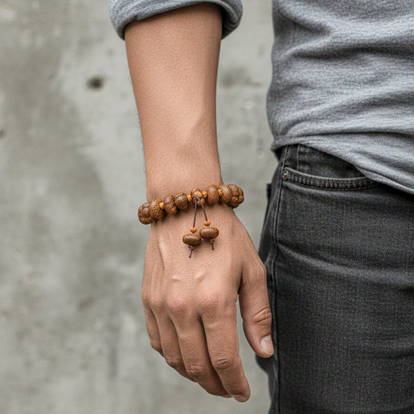 BODHI SEED - 16mm Wooden Beads Bracelet with Natural Stone - Adjustable Bracelet