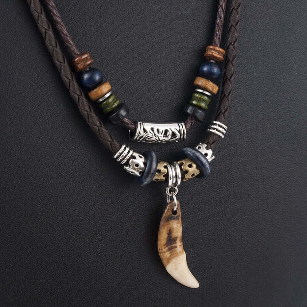 BOHEMIAN WOLF TOOTH - Wolf Tooth Pendant with Beaded Multilayer Adjustable Rope Necklace for Men and Boys - THE MEN THING