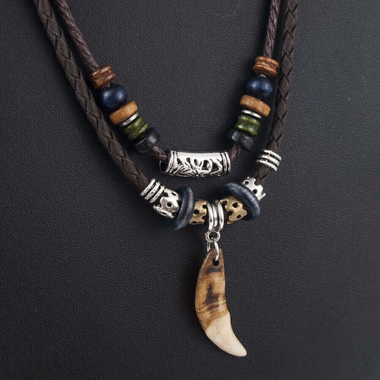 BOHEMIAN WOLF TOOTH - Wolf Tooth Pendant with Beaded Multilayer Adjustable Rope Necklace for Men and Boys - THE MEN THING