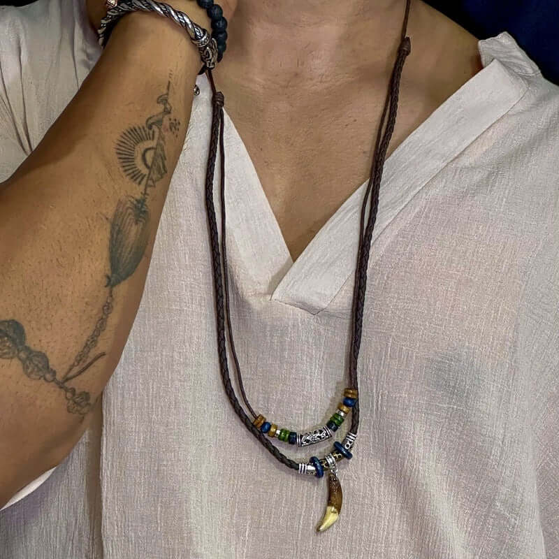 BOHEMIAN WOLF TOOTH - Wolf Tooth Pendant with Beaded Multilayer Adjustable Rope Necklace for Men and Boys - THE MEN THING