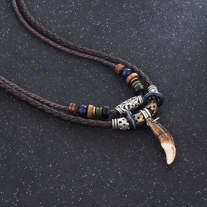 BOHEMIAN WOLF TOOTH - Wolf Tooth Pendant with Beaded Multilayer Adjustable Rope Necklace for Men and Boys - THE MEN THING