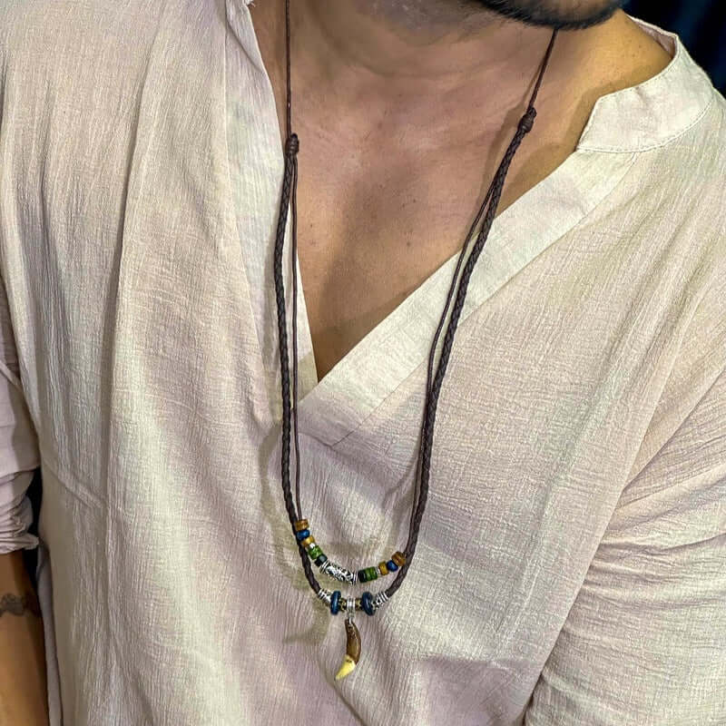 BOHEMIAN WOLF TOOTH - Wolf Tooth Pendant with Beaded Multilayer Adjustable Rope Necklace for Men and Boys - THE MEN THING