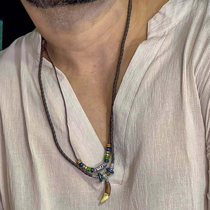 BOHEMIAN WOLF TOOTH - Wolf Tooth Pendant with Beaded Multilayer Adjustable Rope Necklace for Men and Boys - THE MEN THING