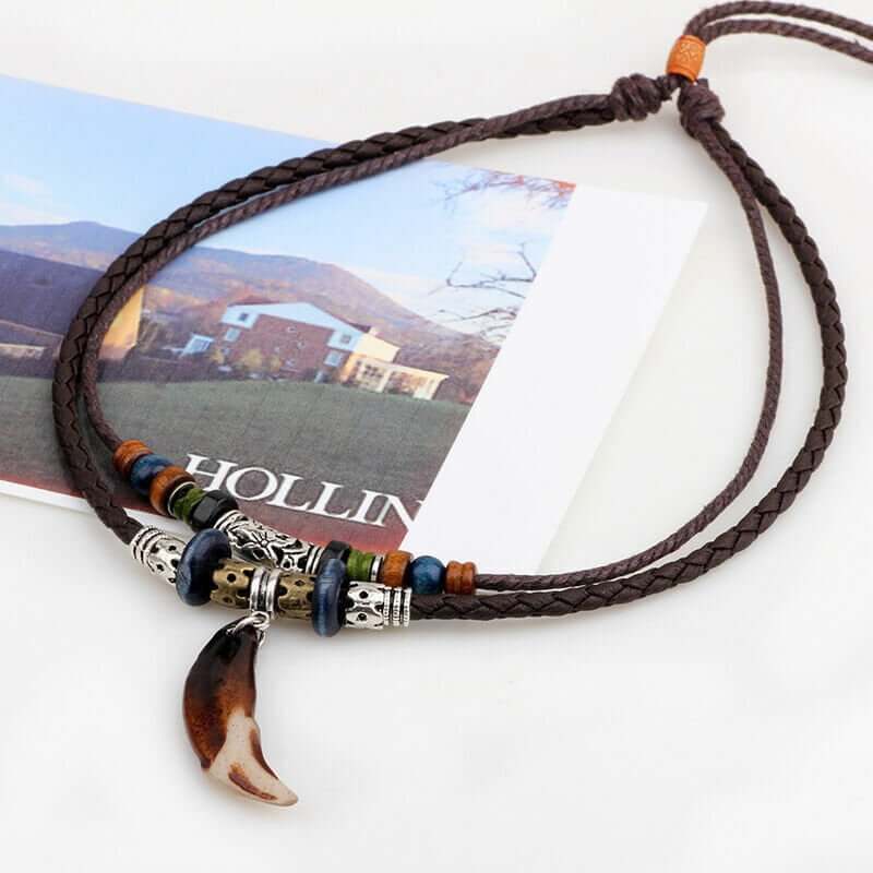 BOHEMIAN WOLF TOOTH - Wolf Tooth Pendant with Beaded Multilayer Adjustable Rope Necklace for Men and Boys - THE MEN THING