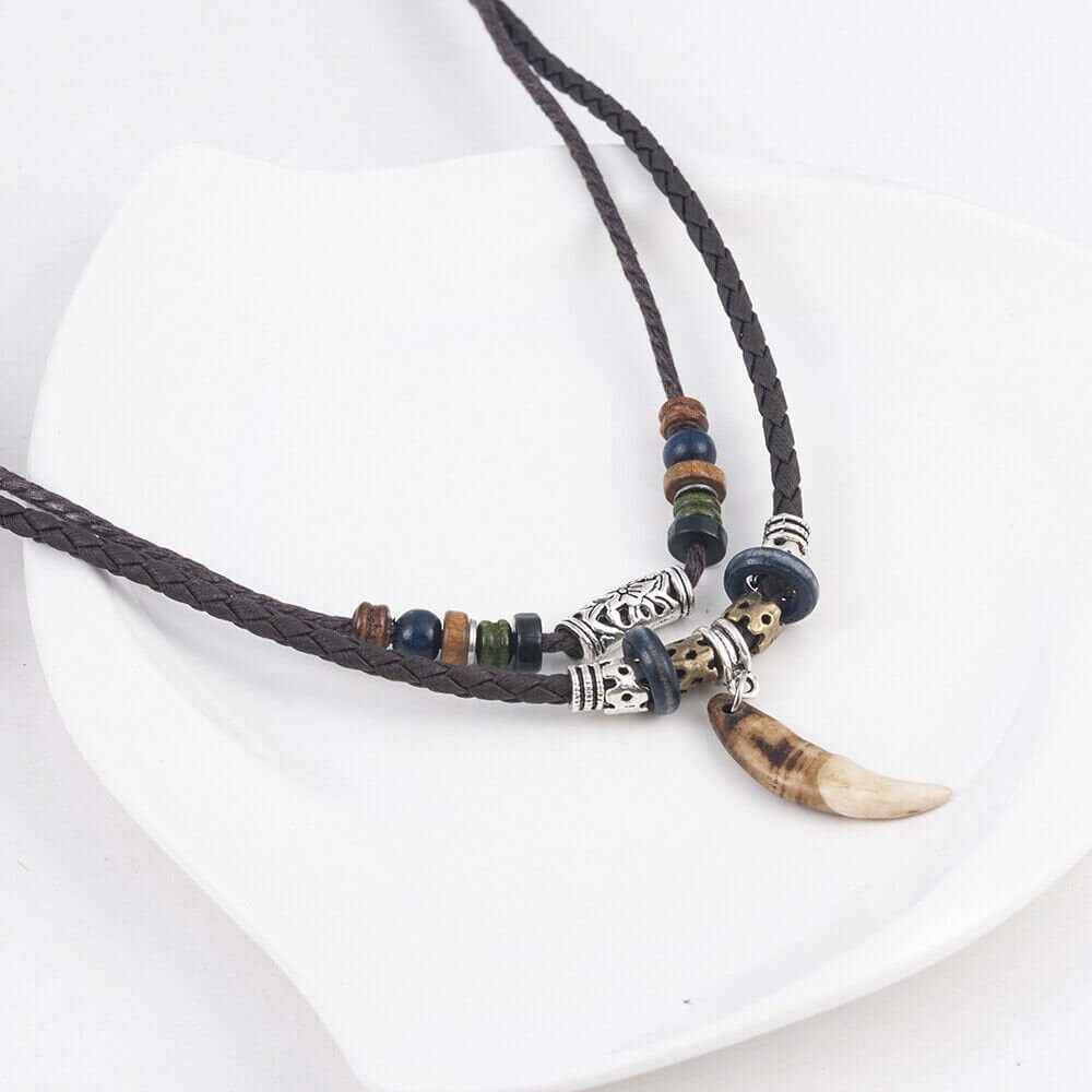 BOHEMIAN WOLF TOOTH - Wolf Tooth Pendant with Beaded Multilayer Adjustable Rope Necklace for Men and Boys - THE MEN THING