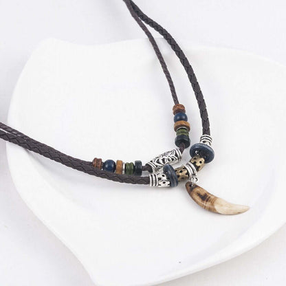 BOHEMIAN WOLF TOOTH - Wolf Tooth Pendant with Beaded Multilayer Adjustable Rope Necklace for Men and Boys - THE MEN THING