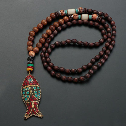 BOHEMIAN WOOD FISH - Handmade Wood Bead Necklace with Horn Fish Pendant, Long Necklace for Men & Boys  (36 Inch) - THE MEN THING