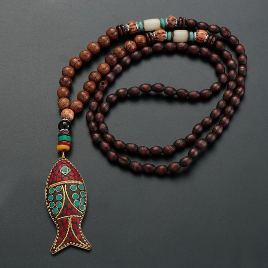 BOHEMIAN WOOD FISH - Handmade Wood Bead Necklace with Horn Fish Pendant, Long Necklace for Men & Boys  (36 Inch) - THE MEN THING