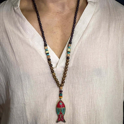 BOHEMIAN WOOD FISH - Handmade Wood Bead Necklace with Horn Fish Pendant, Long Necklace for Men & Boys  (36 Inch) - THE MEN THING