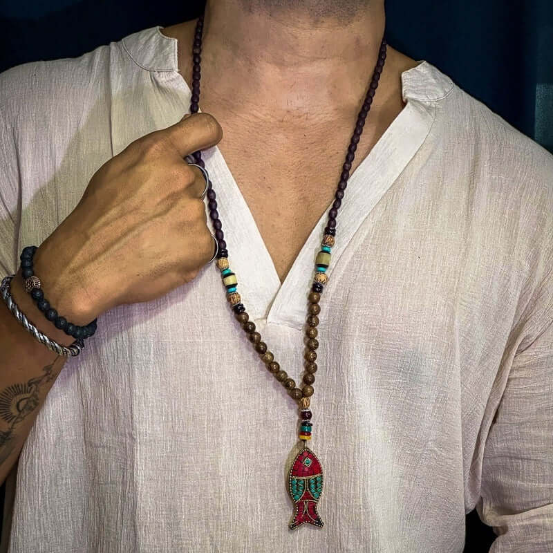 BOHEMIAN WOOD FISH - Handmade Wood Bead Necklace with Horn Fish Pendant, Long Necklace for Men & Boys  (36 Inch) - THE MEN THING