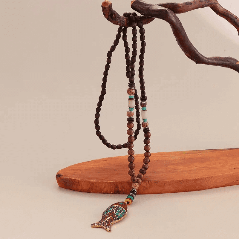 BOHEMIAN WOOD FISH - Handmade Wood Bead Necklace with Horn Fish Pendant, Long Necklace for Men & Boys  (36 Inch) - THE MEN THING