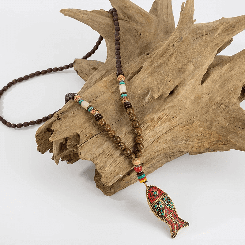 BOHEMIAN WOOD FISH - Handmade Wood Bead Necklace with Horn Fish Pendant, Long Necklace for Men & Boys  (36 Inch) - THE MEN THING