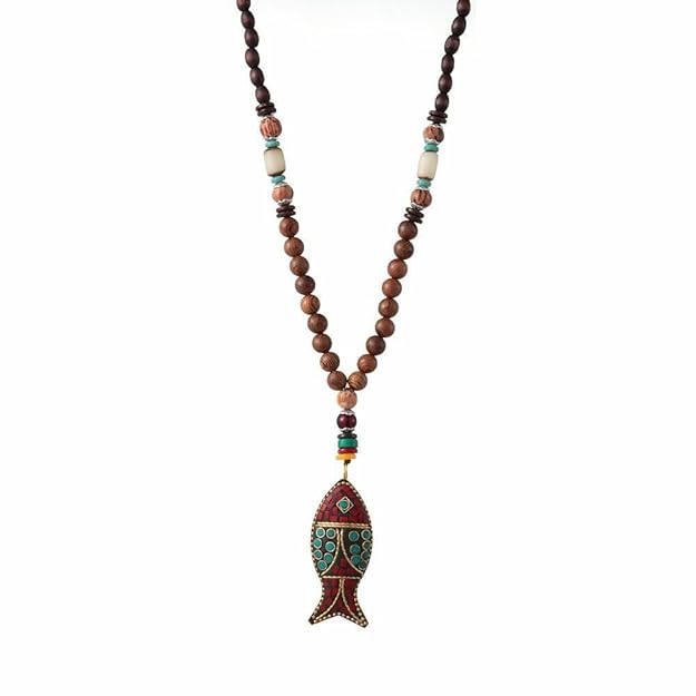BOHEMIAN WOOD FISH - Handmade Wood Bead Necklace with Horn Fish Pendant, Long Necklace for Men & Boys  (36 Inch) - THE MEN THING