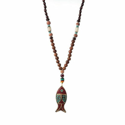 BOHEMIAN WOOD FISH - Handmade Wood Bead Necklace with Horn Fish Pendant, Long Necklace for Men & Boys  (36 Inch) - THE MEN THING