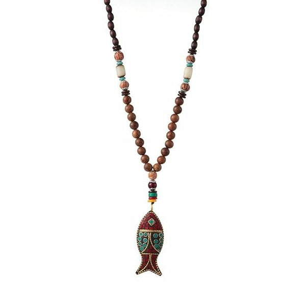 BOHEMIAN WOOD FISH - Handmade Wood Bead Necklace with Horn Fish Pendant, Long Necklace for Men & Boys  (36 Inch)