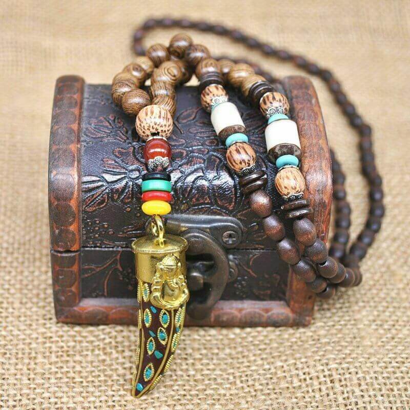 BOHEMIAN WOOD GANESHA - Handmade Wood Beads Necklace with Ganesh Pendant Long Necklace for Men & Boys (36 Inch) - THE MEN THING