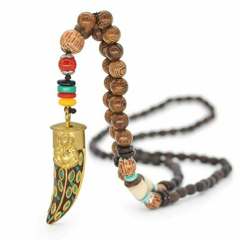 BOHEMIAN WOOD GANESHA - Handmade Wood Beads Necklace with Ganesh Pendant Long Necklace for Men & Boys (36 Inch) - THE MEN THING