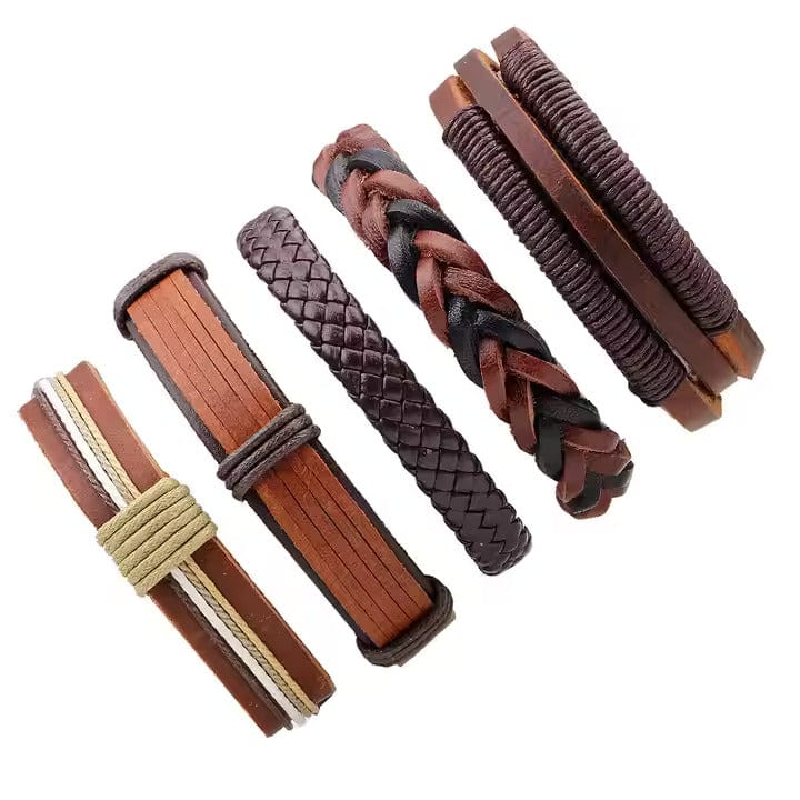 BOUNDEDGE BRACELETS - 5 Pcs Genuine Braided Leather Bracelet Set for Men & Boys (8 inch) - THE MEN THING