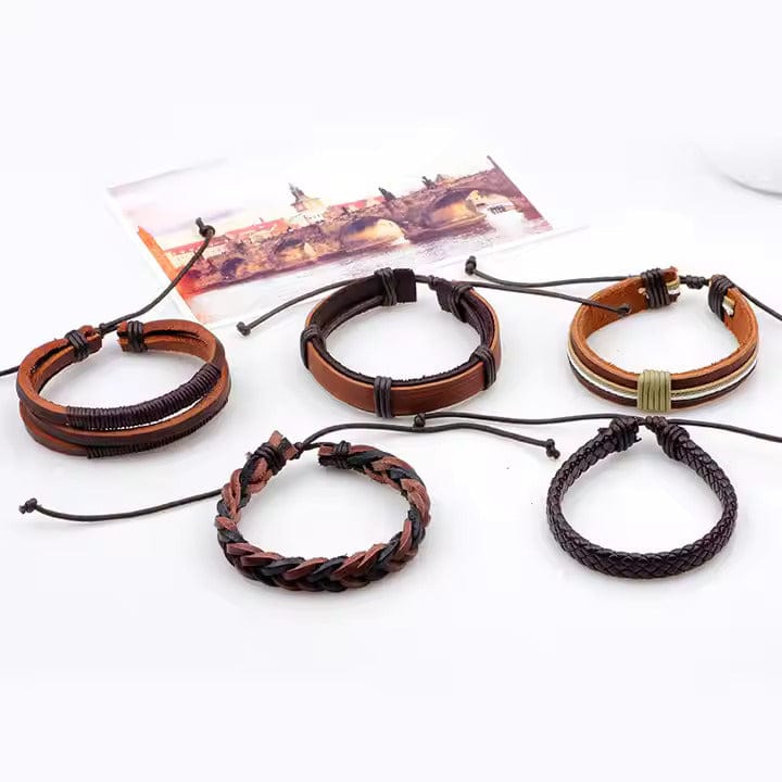 BOUNDEDGE BRACELETS - 5 Pcs Genuine Braided Leather Bracelet Set for Men & Boys (8 inch) - THE MEN THING