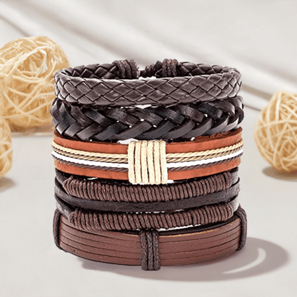 BOUNDEDGE BRACELETS - 5 Pcs Genuine Braided Leather Bracelet Set for Men & Boys (8 inch) - THE MEN THING