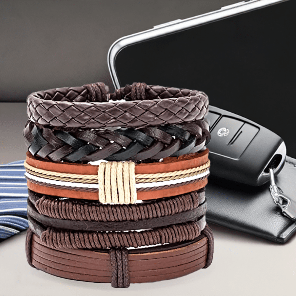 BOUNDEDGE BRACELETS - 5 Pcs Genuine Braided Leather Bracelet Set for Men & Boys (8 inch) - THE MEN THING