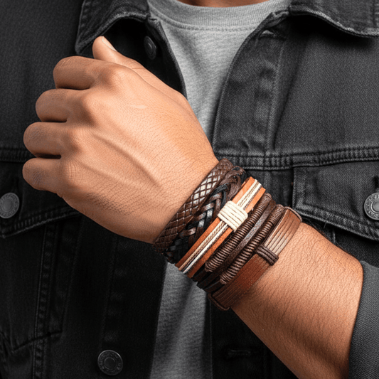 BOUNDEDGE BRACELETS - 5 Pcs Genuine Braided Leather Bracelet Set for Men & Boys (8 inch) - THE MEN THING
