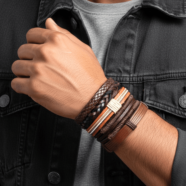 BOUNDEDGE BRACELETS - 5 Pcs Genuine Braided Leather Bracelet Set for Men & Boys (8 inch)