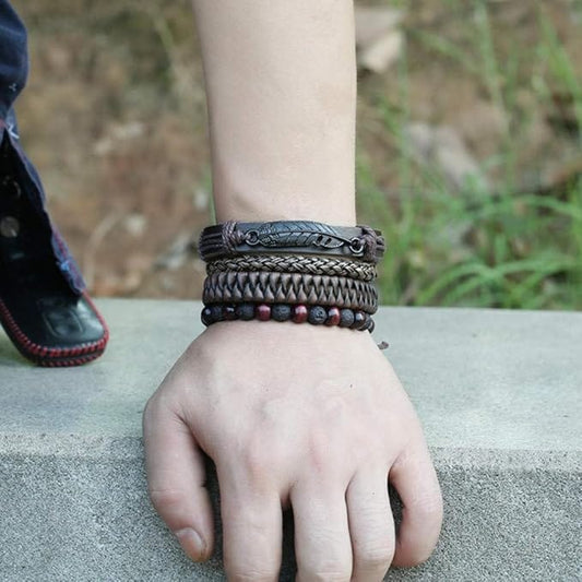 BRAVEHEART CUFF - 4 colors Genuine Braided Leather Bracelet Set for Men & Boys (8 inch) - THE MEN THING