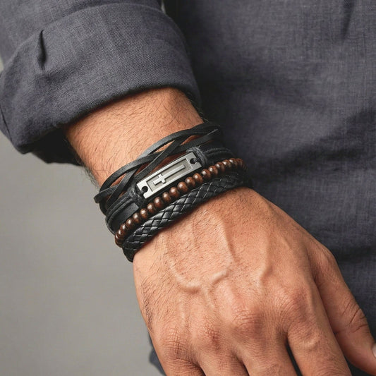 BROTHERHOOD CUFF -  4 Pcs Genuine Braided Leather Bracelet Set for Men & Boys (8 inch) - THE MEN THING