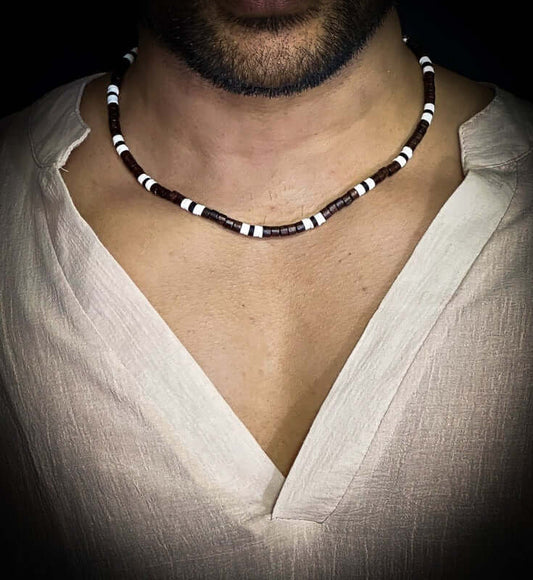 BROWN TIGER COCO - Seed Beaded Necklace - Brown and White Puka Shells - Stylish Necklace for Men and Boys (21 inches with adjustable cable chain) - THE MEN THING