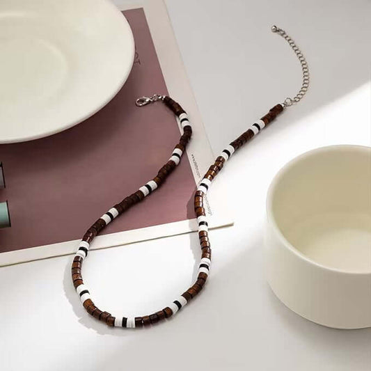 BROWN TIGER COCO - Seed Beaded Necklace - Brown and White Puka Shells - Stylish Necklace for Men and Boys (21 inches with adjustable cable chain) - THE MEN THING