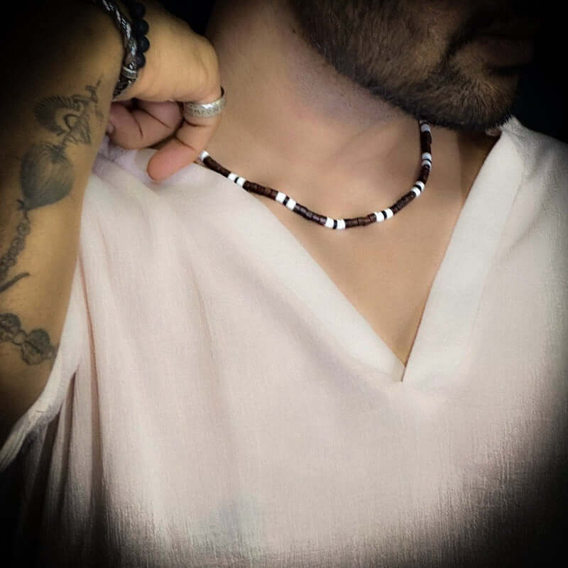 BROWN TIGER COCO - Seed Beaded Necklace - Brown and White Puka Shells - Stylish Necklace for Men and Boys (21 inches with adjustable cable chain) - THE MEN THING