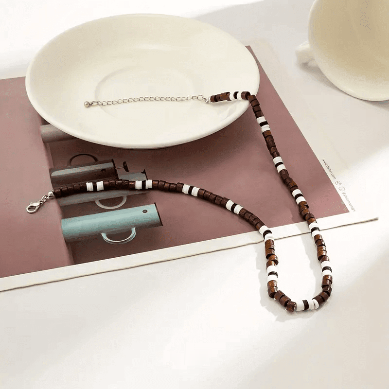 BROWN TIGER COCO - Seed Beaded Necklace - Brown and White Puka Shells - Stylish Necklace for Men and Boys (21 inches with adjustable cable chain) - THE MEN THING